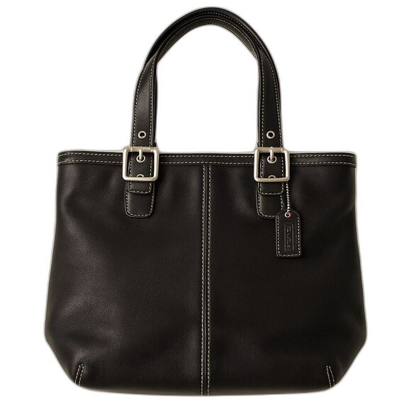 Coach Hampton Black Leather Tote Shoulder Bag Style 9572 with White Stitches Y2K - Picture 1 of 16